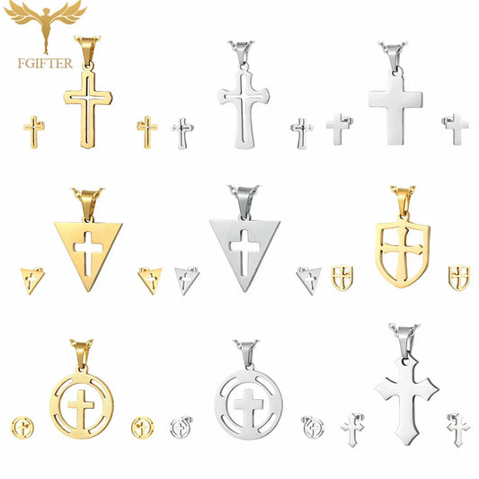 Christian Cross Jewelry Sets Women Religion Faith Accessories High Quality Stainless Steel Pendant Chain Necklaces Stud Earrings