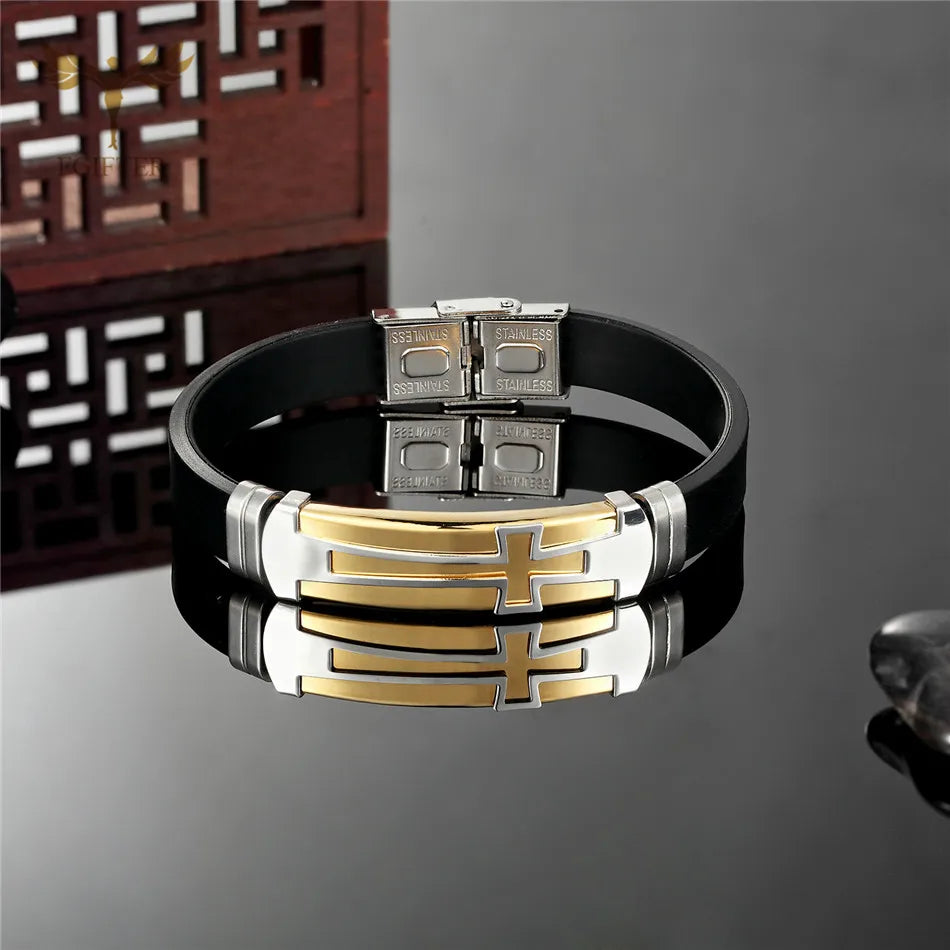 Christian Cross Bracelet Men's Religious Bracelet Fashion Silicone Wristband Stainless Steel Buckle Wrist Jewelry