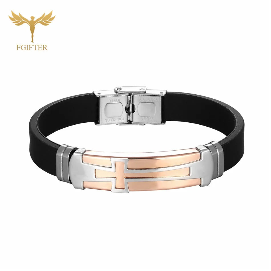 Christian Cross Bracelet Men's Religious Bracelet Fashion Silicone Wristband Stainless Steel Buckle Wrist Jewelry