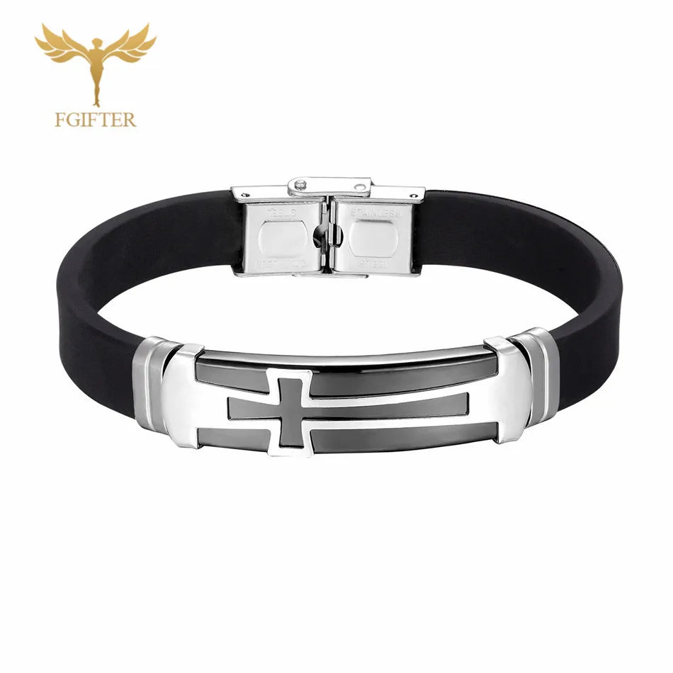 Christian Cross Bracelet Men's Religious Bracelet Fashion Silicone Wristband Stainless Steel Buckle Wrist Jewelry