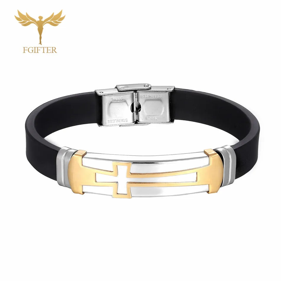 Christian Cross Bracelet Men's Religious Bracelet Fashion Silicone Wristband Stainless Steel Buckle Wrist Jewelry