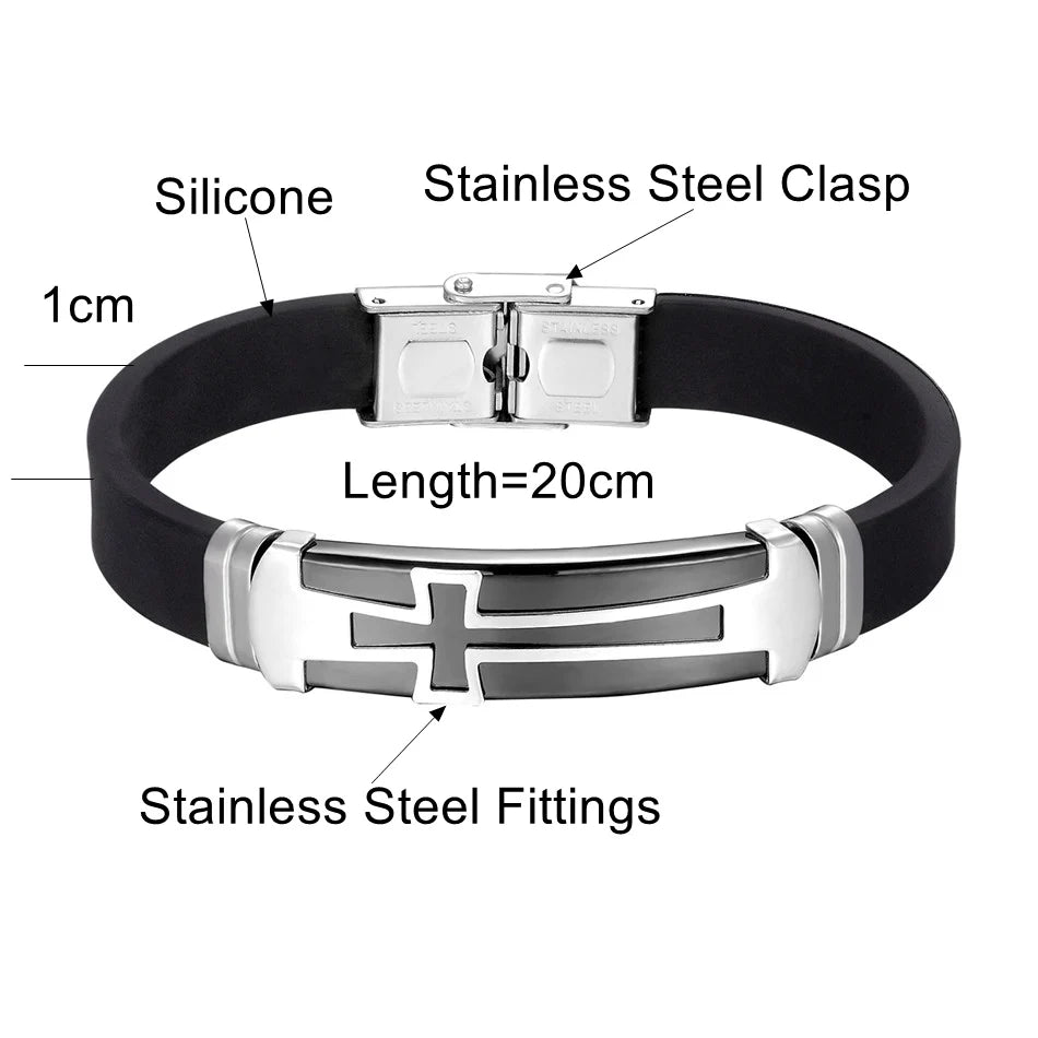 Christian Cross Bracelet Men's Religious Bracelet Fashion Silicone Wristband Stainless Steel Buckle Wrist Jewelry