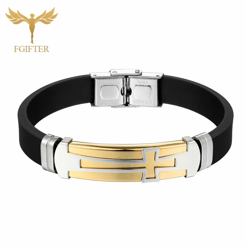 Christian Cross Bracelet Men's Religious Bracelet Fashion Silicone Wristband Stainless Steel Buckle Wrist Jewelry