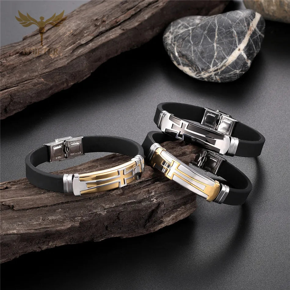 Christian Cross Bracelet Men's Religious Bracelet Fashion Silicone Wristband Stainless Steel Buckle Wrist Jewelry
