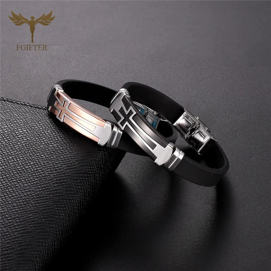 Christian Cross Bracelet Men's Religious Bracelet Fashion Silicone Wristband Stainless Steel Buckle Wrist Jewelry