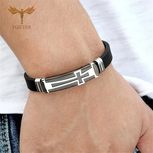 Christian Cross Bracelet Men's Religious Bracelet Fashion Silicone Wristband Stainless Steel Buckle Wrist Jewelry