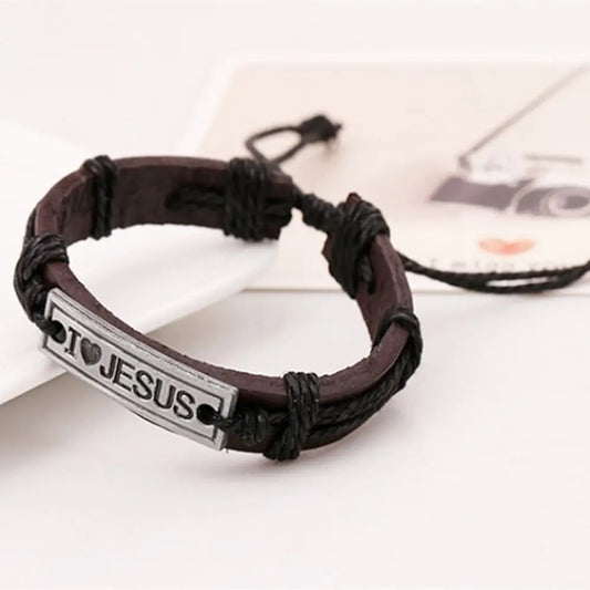 Vintage Wrap Christian Catholic Religious Bracelet Leather Cuff Bangle "I Love JESUS" Wristband