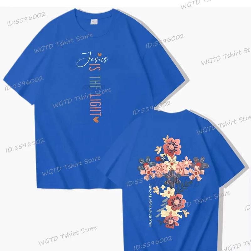 Jesus Is the Light – Christian Floral Cross T-Shirt