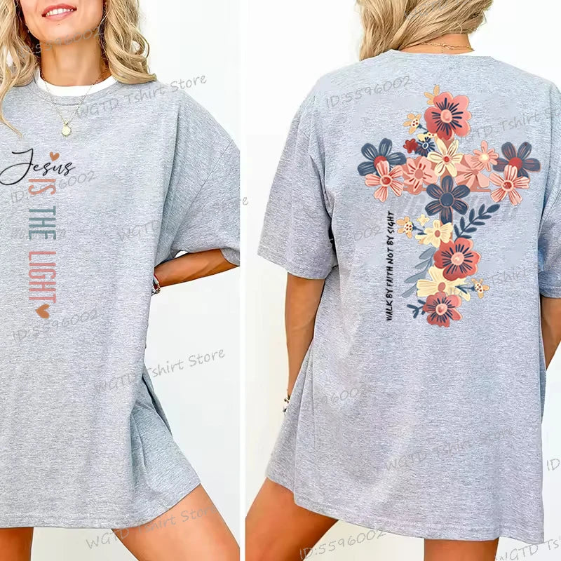 Jesus Is the Light – Christian Floral Cross T-Shirt