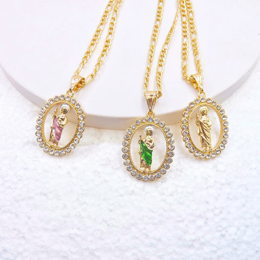 Christian Gifts St. Jude Shining Rhinestone Oval Pendant 14k Gold Plated Chain Necklace Religious Jewelry