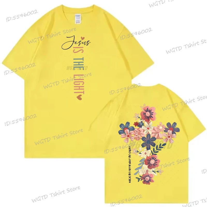 Jesus Is the Light – Christian Floral Cross T-Shirt