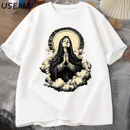Christian T Shirt Virgin Mary Graphic Tshirt Faith Unisex Tee Christmas or Easter T-shirt Tee Shirt Cotton Short Sleeve Clothes