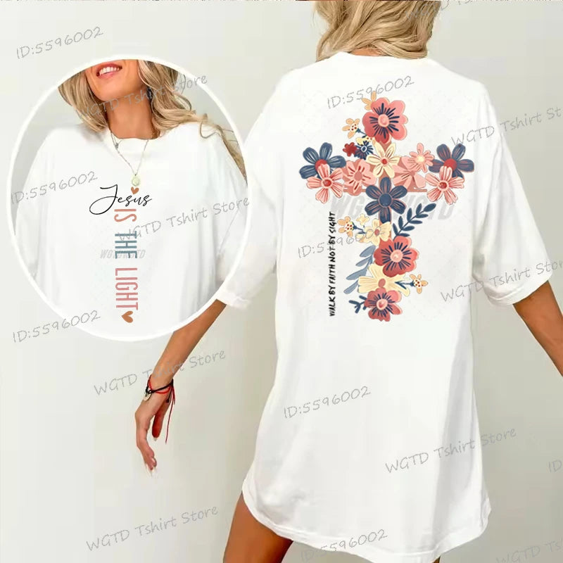 Jesus Is the Light – Christian Floral Cross T-Shirt
